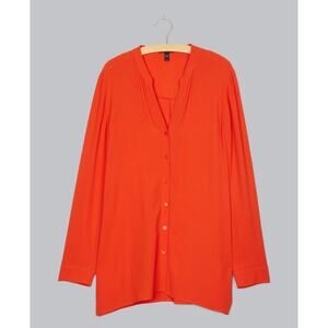 Eileen Fisher 100% Silk Coral Button Front Blouse V-Neck Long Sleeve Size M